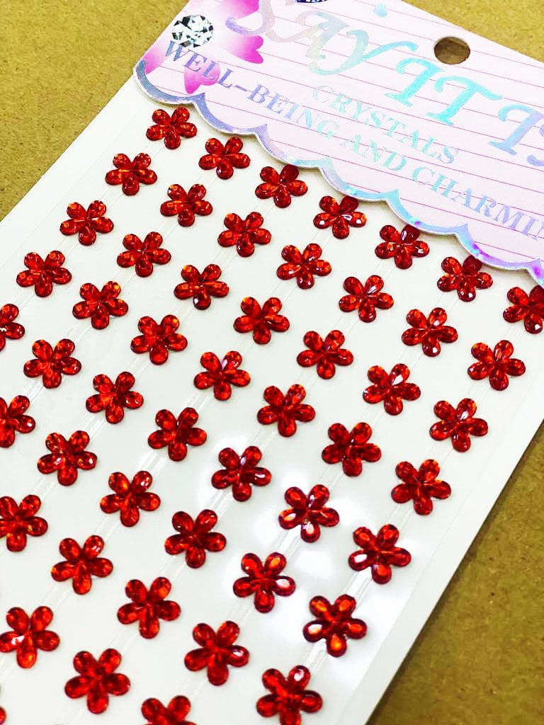 Kristal Taş Çiçek Kırmızı Sticker Yapışkanlı 84 Adet