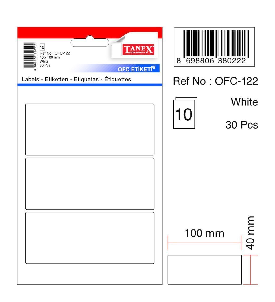 Tanex Ofis Etiketi Ofc-122 40x100 MM Beyaz