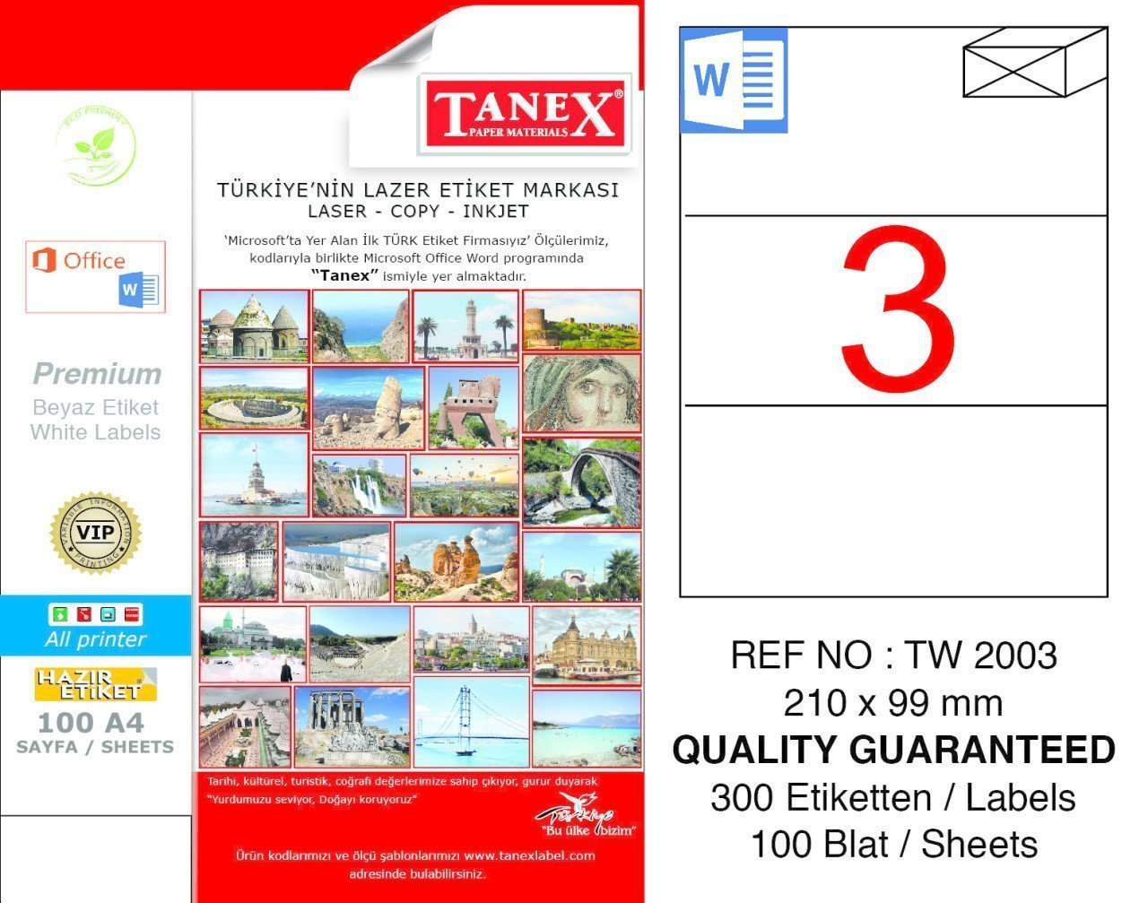 Tanex A4 Lazer Etiket TW-2003 210x99 mm 100'lü Paket