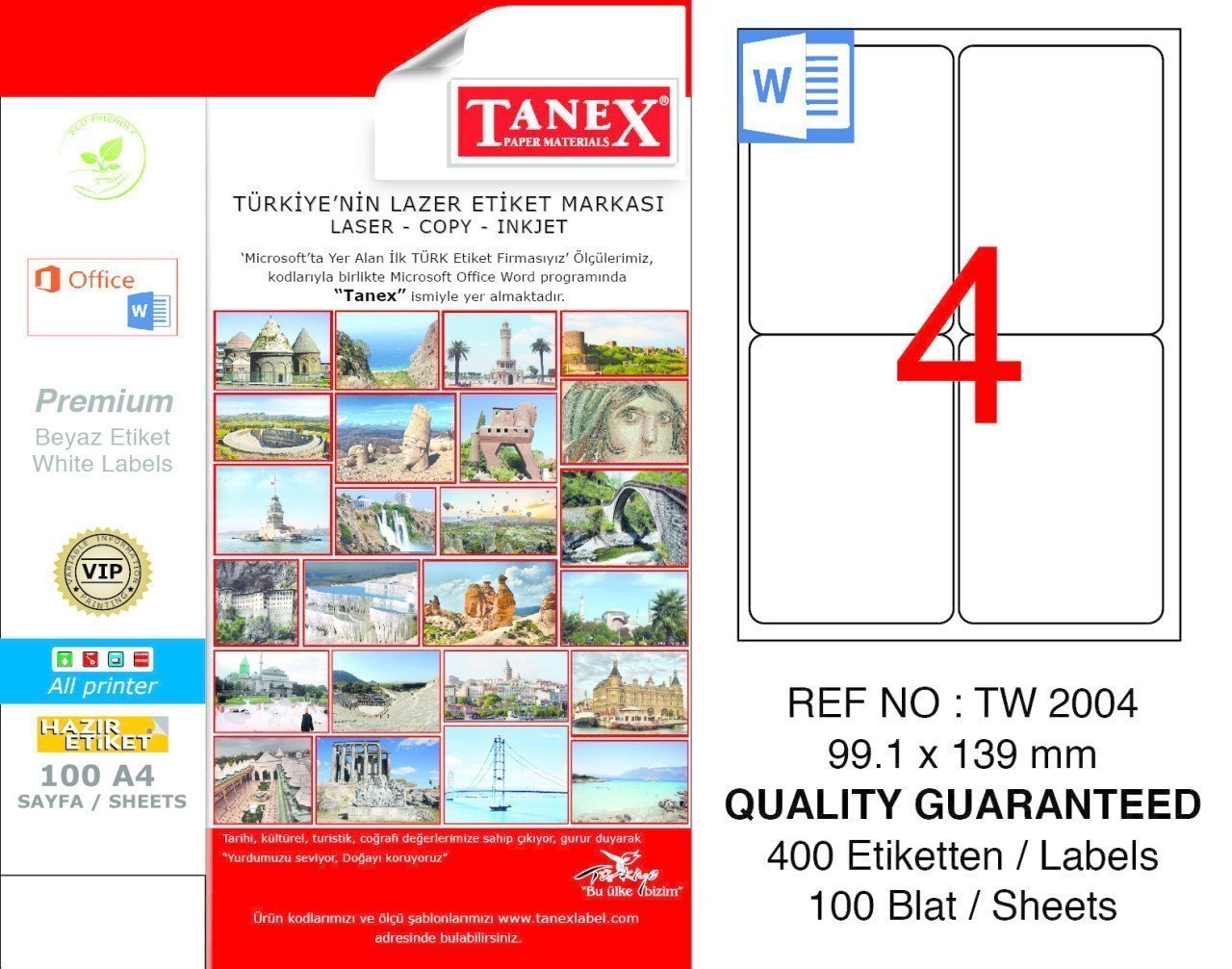 Tanex A4 Lazer Etiket TW-2004 99,1x139 mm 100'lü Paket