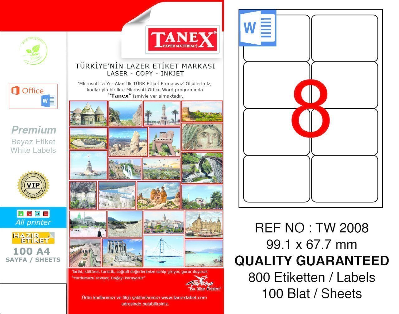Tanex A4 Lazer Etiket TW-2008 99,1x67,7 mm 100'lü Paket