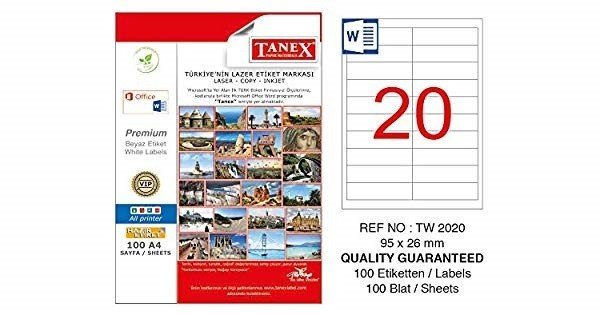 Tanex A4 Lazer Etiket TW-2020 95x26 mm 100'lü Paket