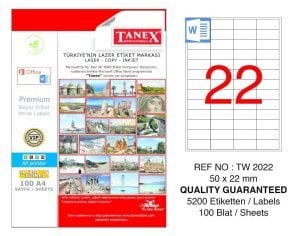 Tanex A4 Lazer Etiket TW-2022 50x22 mm 100'lü Paket