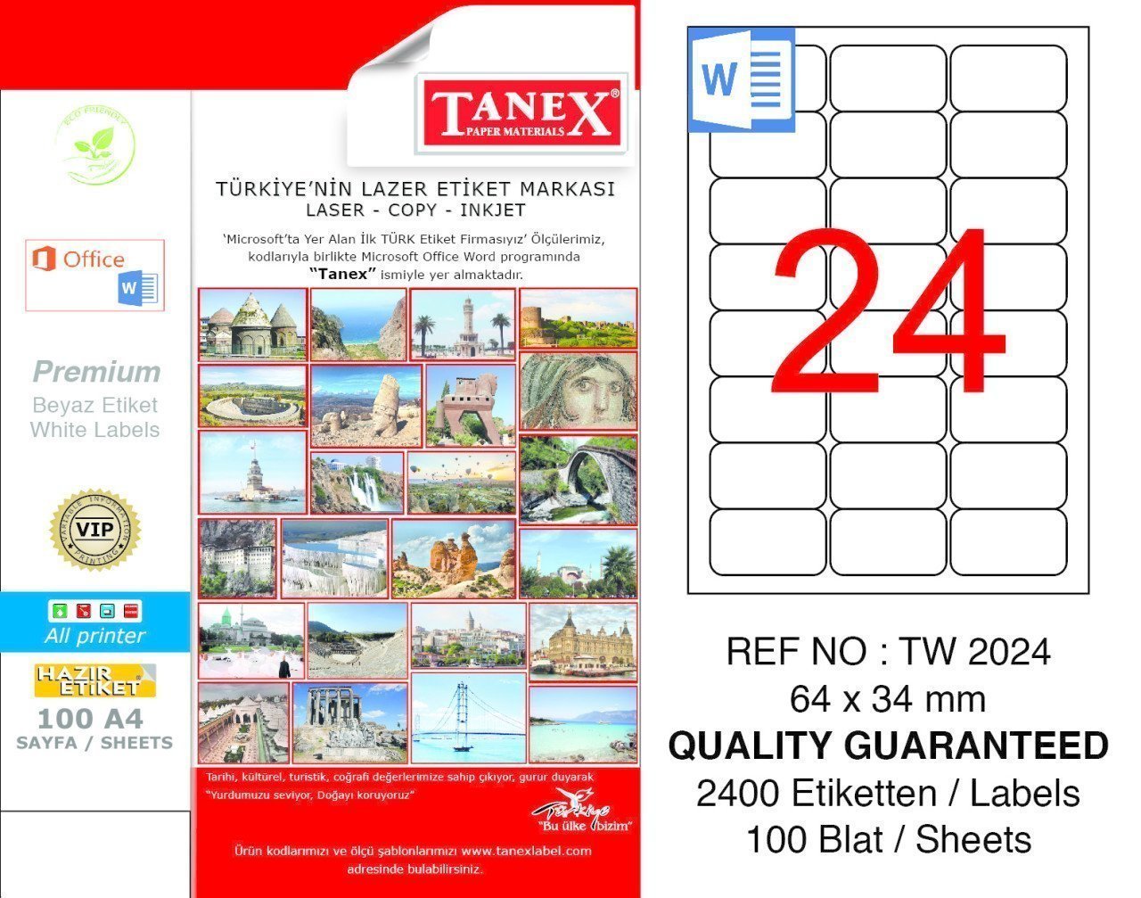 Tanex A4 Lazer Etiket TW-2024 64x34 mm 100'lü Paket