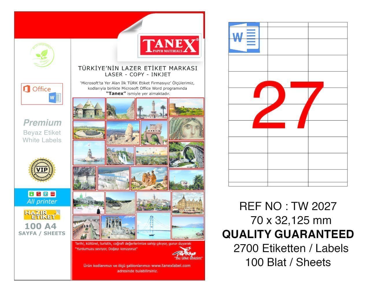 Tanex A4 Lazer Etiket TW-2027 70x32,125 mm 100'lü Paket