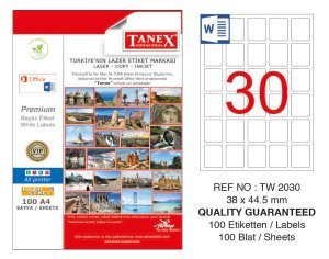 Tanex A4 Lazer Etiket TW-2030 38x44,5 mm 100'lü Paket