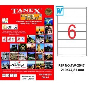 Tanex A4 Lazer Etiket TW-2047 210x47,81 mm 100'lü Paket