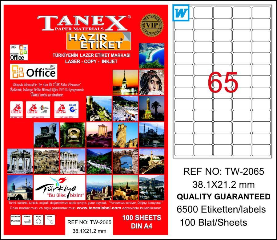 Tanex A4 Lazer Etiket TW-2065 38,1x21,2 mm 100'lü Paket