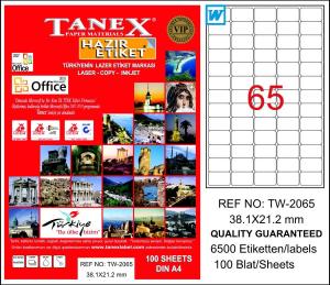 Tanex A4 Lazer Etiket TW-2065 38,1x21,2 mm 100'lü Paket