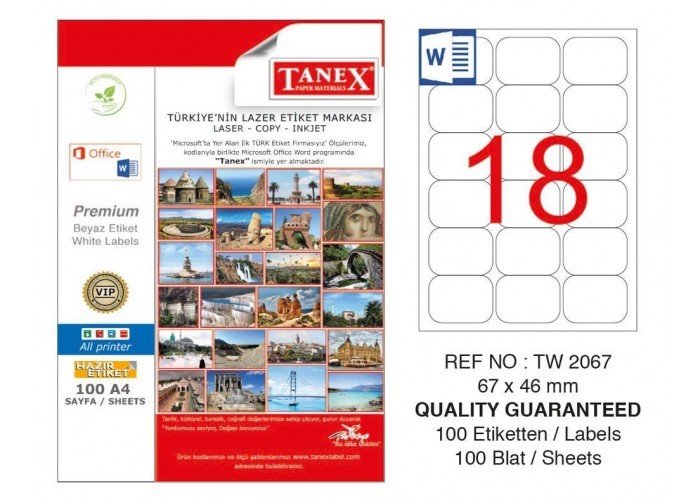 Tanex A4 Lazer Etiket TW-2067 67x46 mm 100'lü Paket