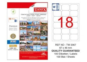 Tanex A4 Lazer Etiket TW-2067 67x46 mm 100'lü Paket