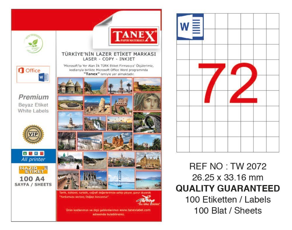 Tanex A4 Lazer Etiket TW-2072 26x33 mm 100'lü Paket