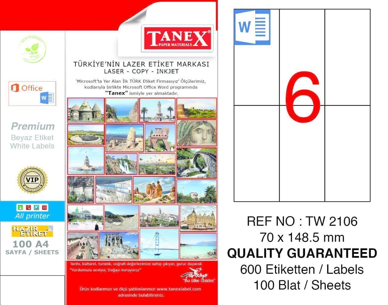 Tanex A4 Lazer Etiket TW-2106 70x148,5 mm 100'lü Paket