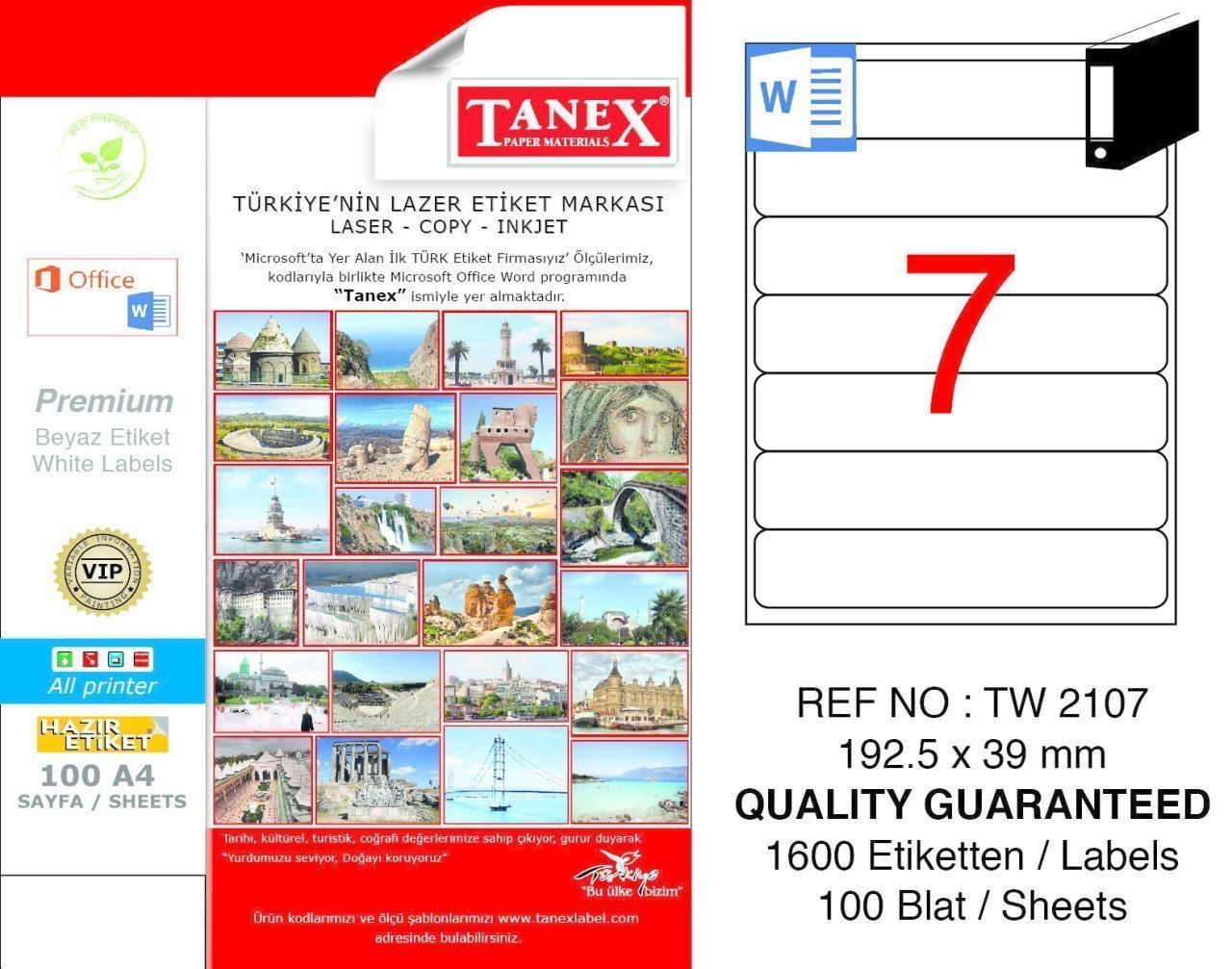 Tanex A4 Lazer Etiket TW-2107 192,5x39 mm 100'lü Paket