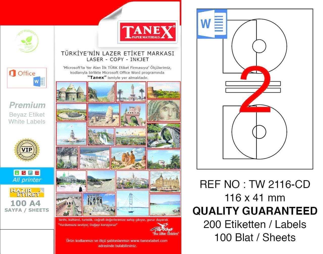 Tanex A4 Lazer Etiket TW-2116 116x41 mm 100'lü Paket