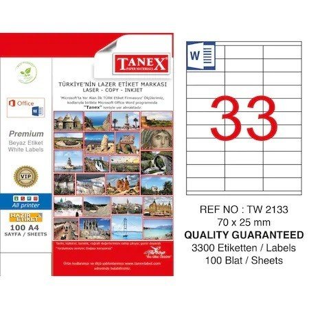 Tanex A4 Lazer Etiket TW-2133 70x25 mm 100'lü Paket