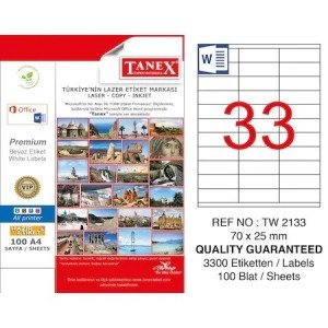 Tanex A4 Lazer Etiket TW-2133 70x25 mm 100'lü Paket