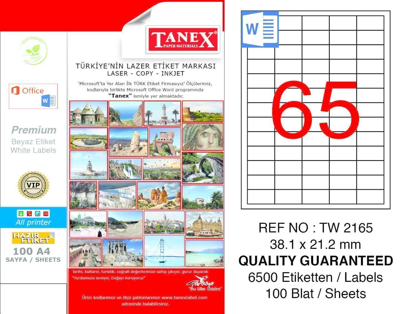Tanex A4 Lazer Etiket TW-2165 38,1x21,2 mm 100'lü Paket