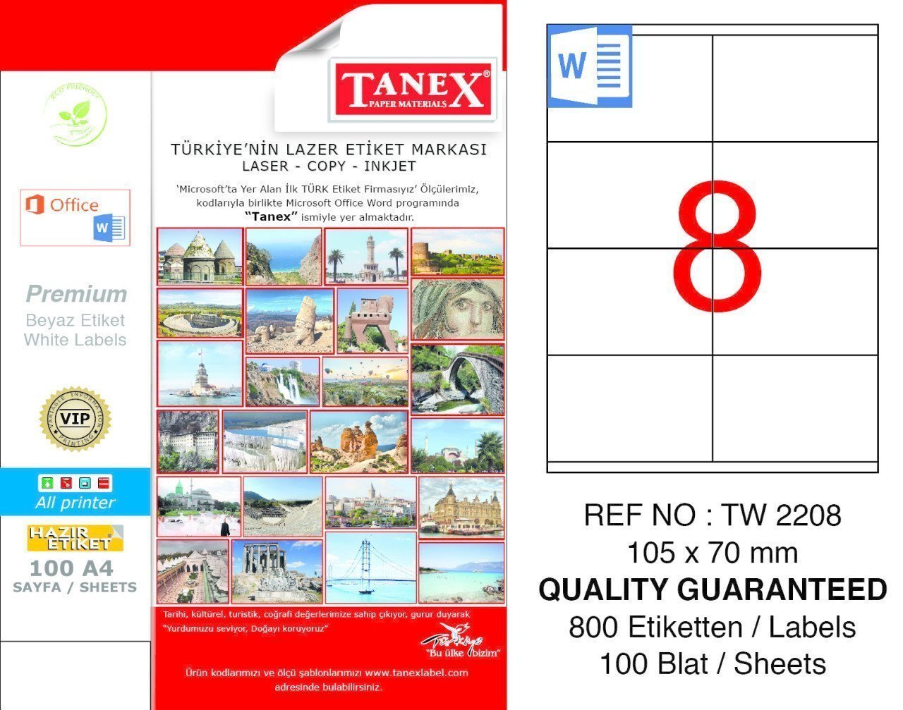 Tanex A4 Lazer Etiket TW-2208 105x70 mm 100'lü Paket