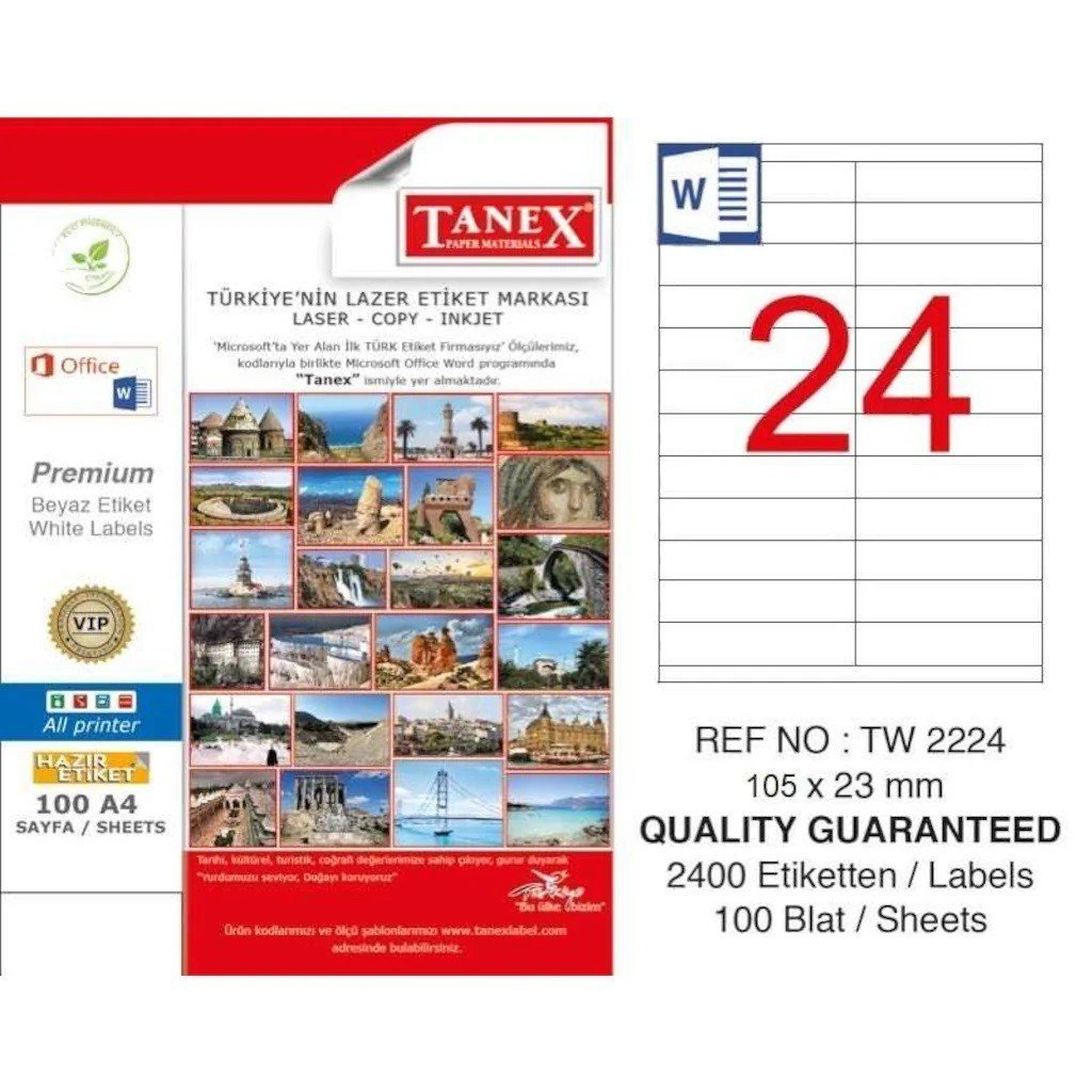 Tanex A4 Lazer Etiket TW-2224 105x23 mm 100'lü Paket