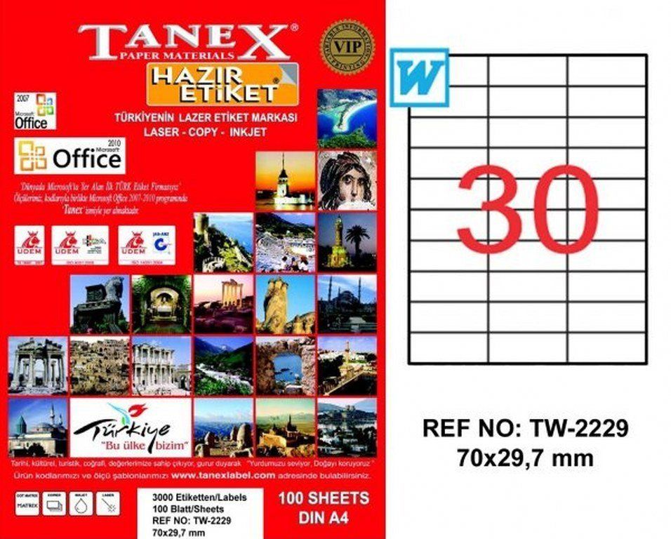 Tanex A4 Lazer Etiket TW-2229 70x29,7 mm 100'lü Paket