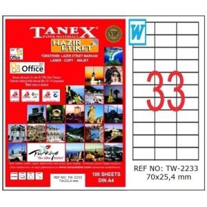 Tanex A4 Lazer Etiket TW-2233 70x25,4 mm 100'lü Paket