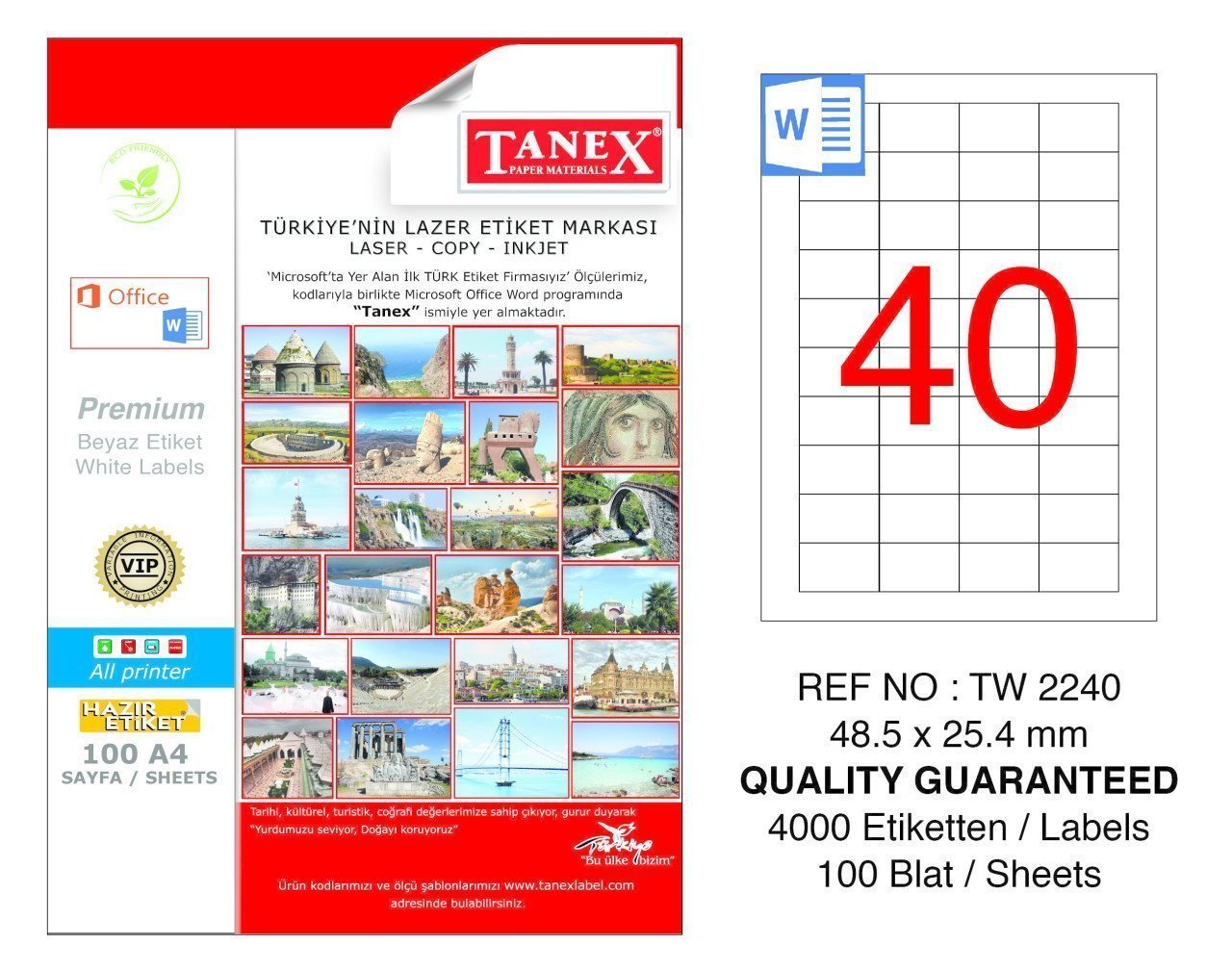 Tanex A4 Lazer Etiket TW-2240 48,5x25,4 mm 100'lü Paket