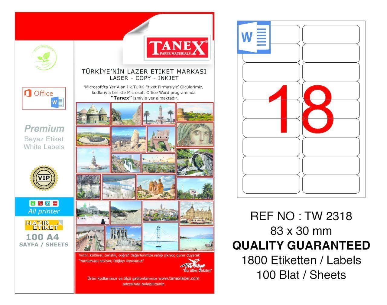 Tanex A4 Lazer Etiket TW-2318 83x30 mm 100'lü Paket