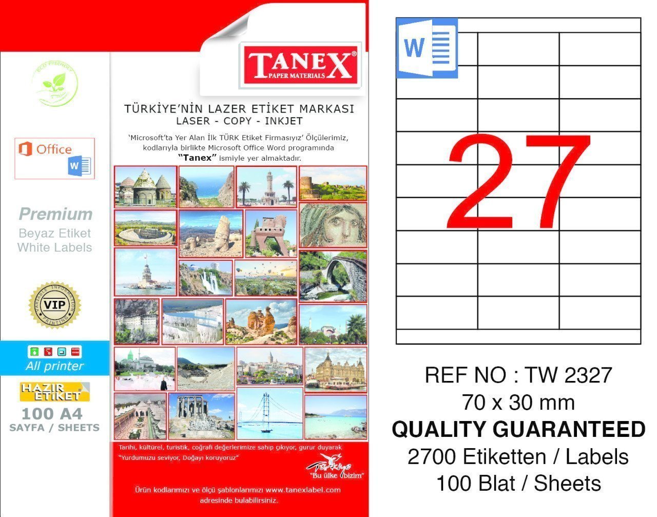 Tanex A4 Lazer Etiket TW-2327 70x30 mm 100'lü Paket