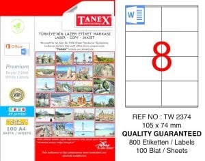 Tanex A4 Lazer Etiket TW-2374 105x74,25 mm 100'lü Paket