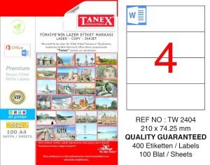 Tanex A4 Lazer Etiket TW-2404 210x74,25 mm 100'lü Paket