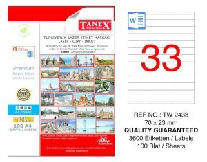 Tanex A4 Lazer Etiket TW-2433 70x23 mm 100'lü Paket