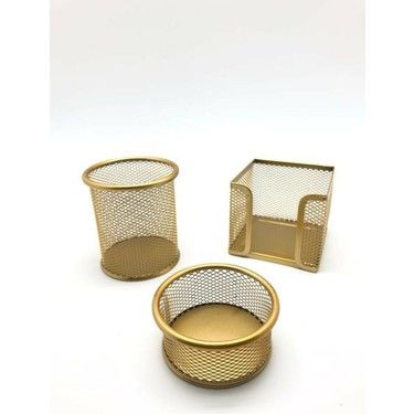 3lü Masa Üstü Kalemlik Set Perfore Metalik Altın