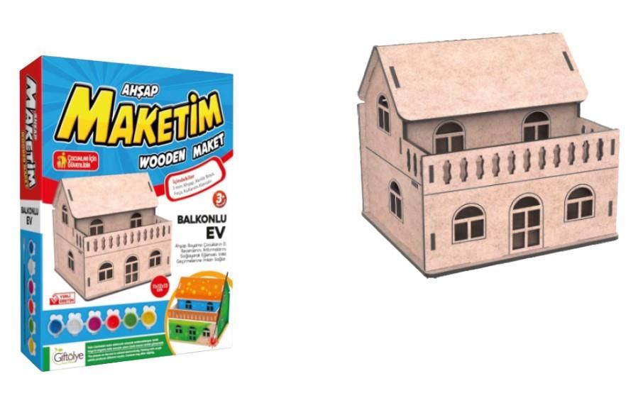 Giftölye 3D Ahşap Eko Boyama Seti Balkonlu Ev