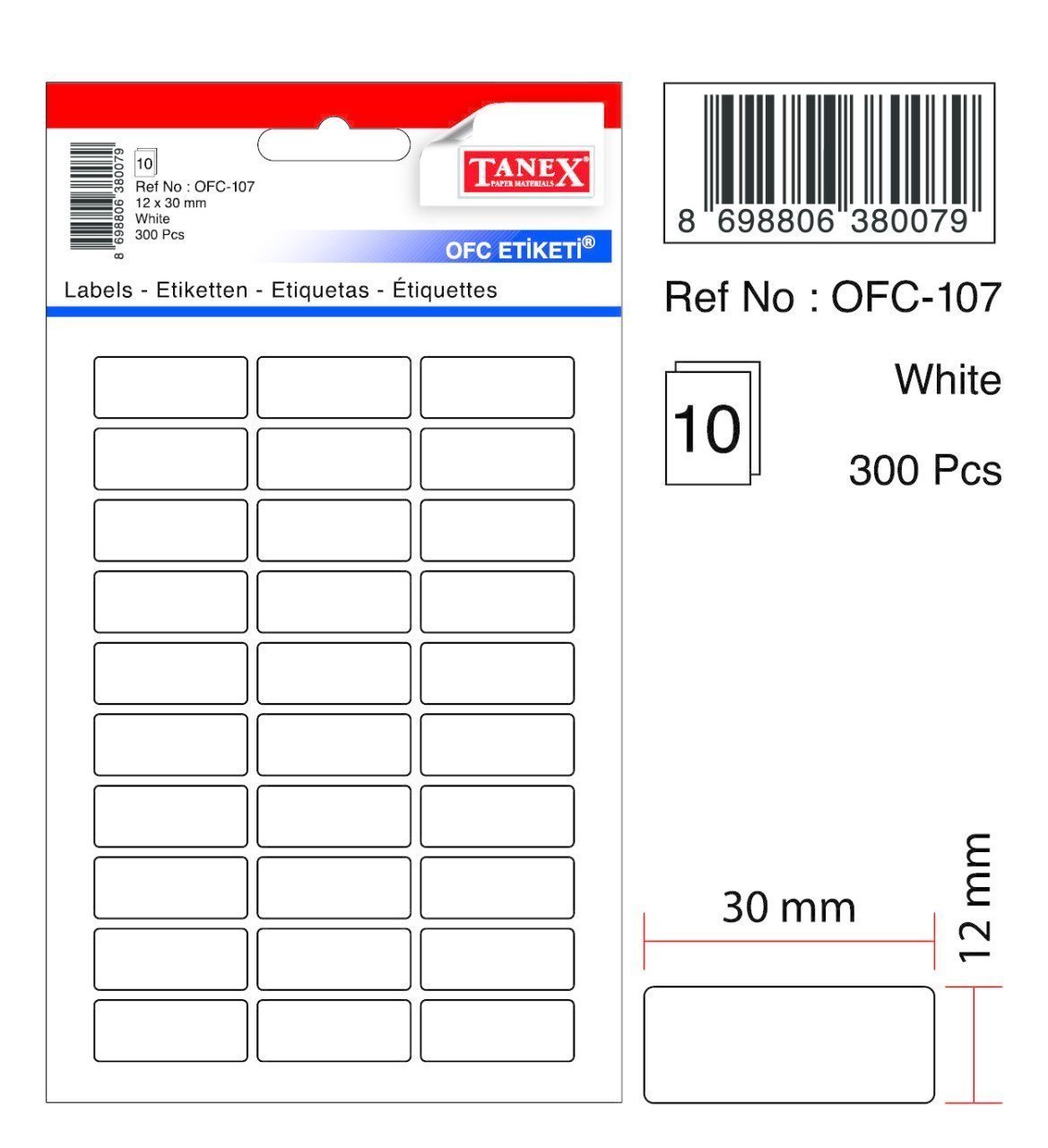 Tanex Ofis Etiketi Ofc-107 12x30 MM Beyaz