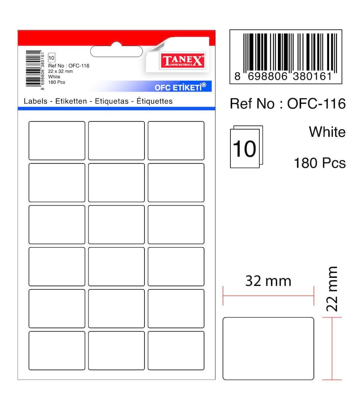 Tanex Ofis Etiketi Ofc-116 22x32 MM Beyaz
