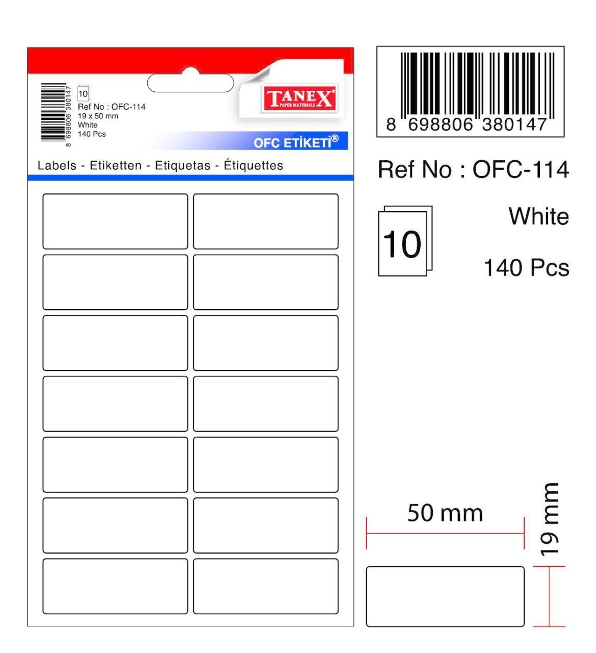 Tanex Ofis Etiketi Ofc-114 19x50 MM Beyaz