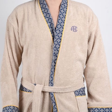 Kişiye Özel Nakışlı Lacivert Yaka Kimono Bornoz Seti