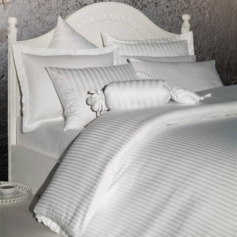 %100 Pamuk Saten Çizgili 2cm Saten  Nevresim Takımı Beyaz - King Size - Düz Çarşaf