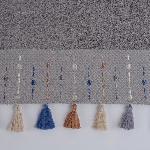 Nakışlı Püsküllü Bambu Havlu Gri - 30x50