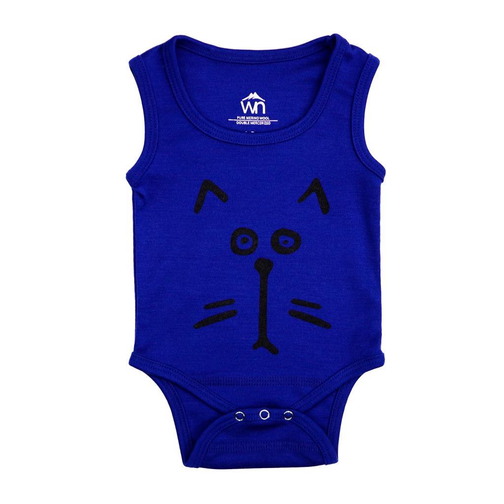 Woolnat Merino Wool Cat Printed Sleeveless Baby Bodysuit 3 6 Months Sax