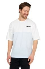 Oversize Beyaz/Mavi Erkek Jakarlı Bisiklet Yaka Kısa Kollu T-Shirt