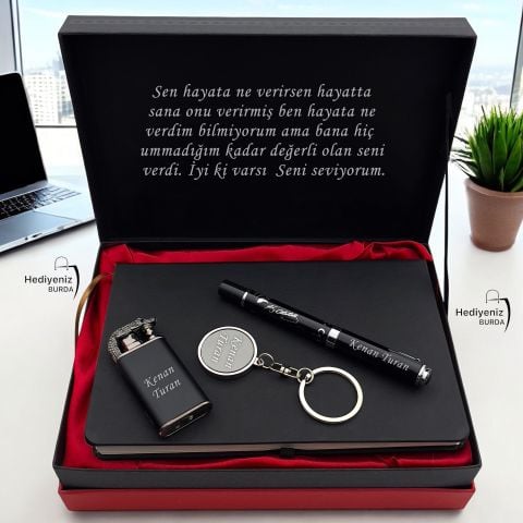 Kişiye Özel Kemal Atatürk İmza Kalemi l Ejderha Alevli Çakmak l Anahtarlık l Defter Hediye seti