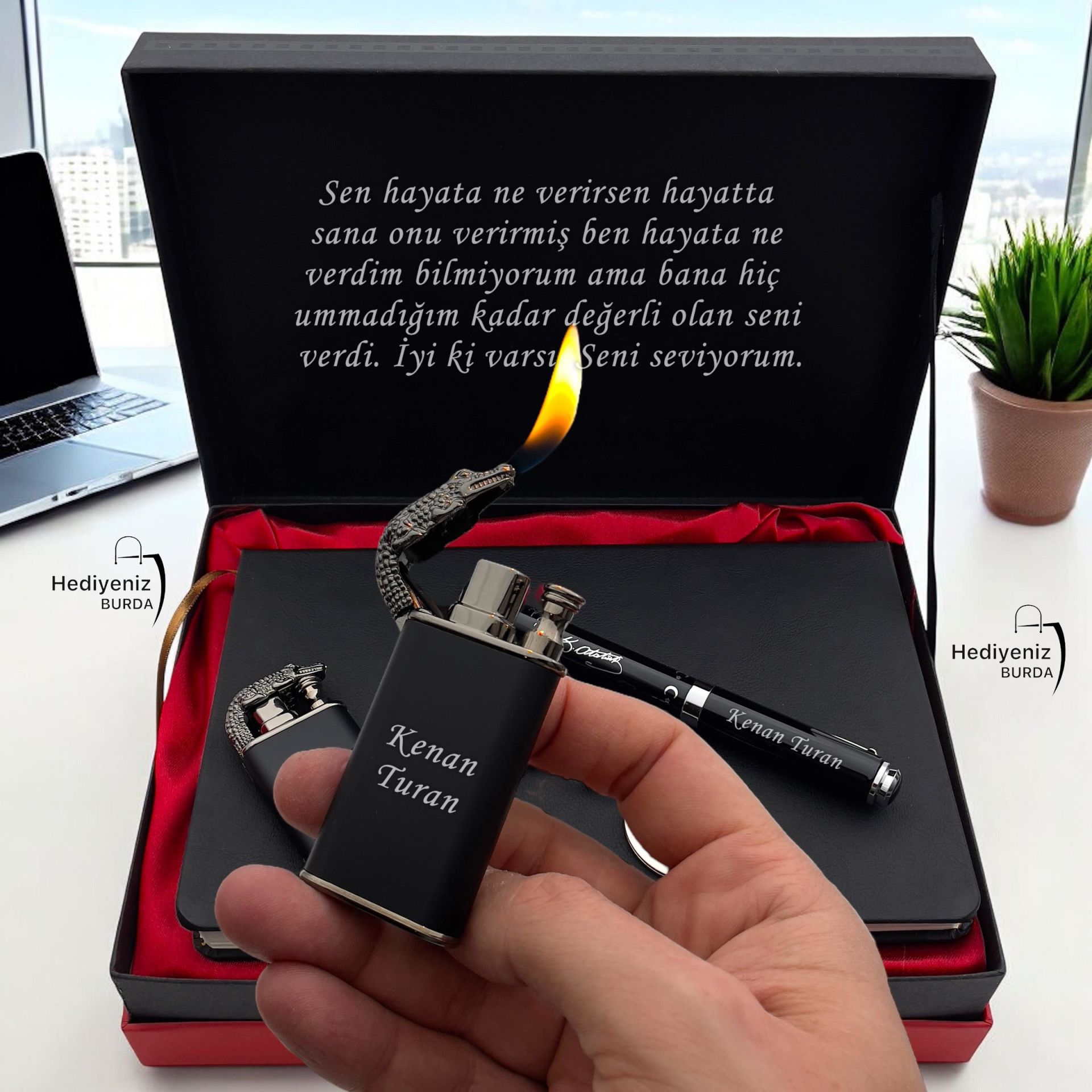 Kişiye Özel Kemal Atatürk İmza Kalemi l Ejderha Alevli Çakmak l Anahtarlık l Defter Hediye seti