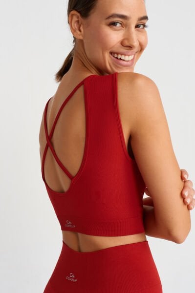 Göğüs Pedli Rib Dokulu Sırtı Çapraz Crop Top Kırmızı