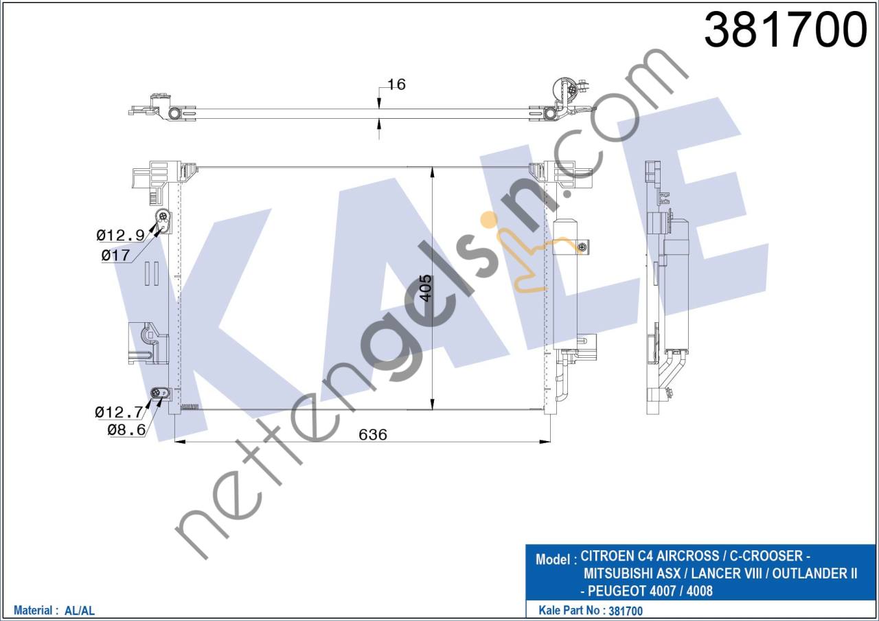 KALE 381700 KLIMA RADYATORU ASX LANCER OUTLANDER / P4007-P4008-C4 AÝRCROSS-C CROSSER 10->  MITSUBISHI BİNEK KLİMA RADYATÖRÜ