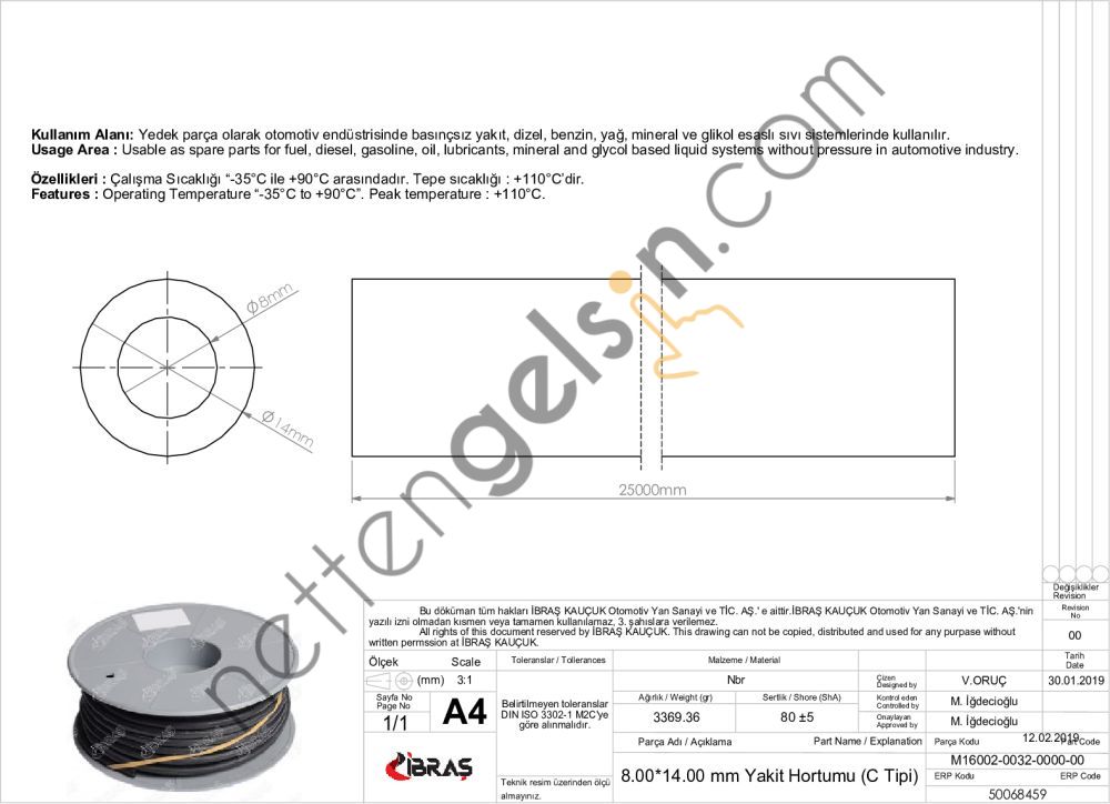 IBRAS 68459 8.0mm x 14.0mm UNIVERSAL YAKIT HORTUMU ( MAKARALI )C TIPI  GENEL BİNEK RULO HORTUM