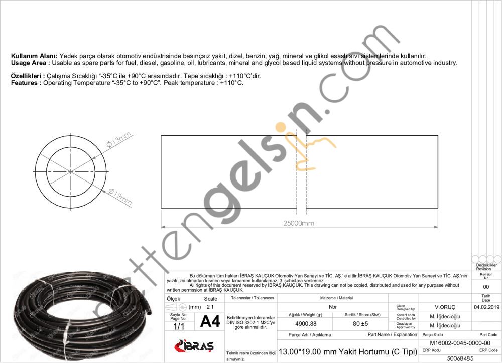 IBRAS 68485 13.0mm x 19.0mm UNIVERSAL YAKIT HORTUMU ( MAKARASIZ )C TIPI  GENEL BİNEK RULO HORTUM