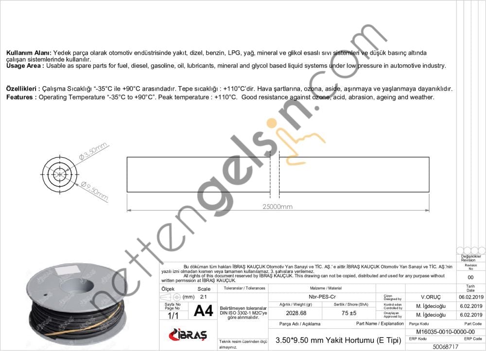 IBRAS 68717 3.5mm x 9.5mm UNIVERSAL YAKIT HORTUMU ( MAKARALI )E TIPI  GENEL BİNEK RULO HORTUM