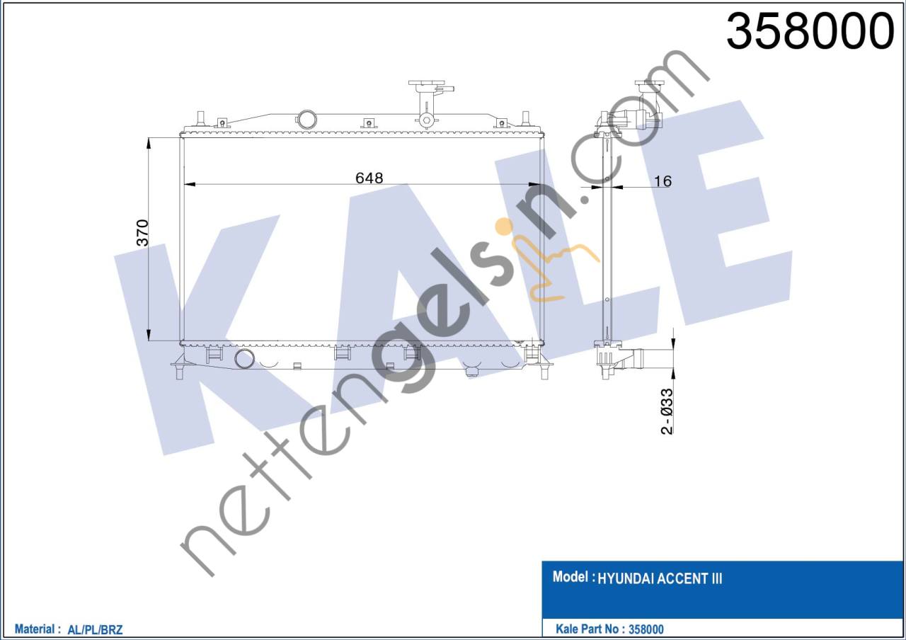 KALE 358000 MOTOR SU RADYATORU ACCENT ERA 1.4 1.6 BENZINLI MANUEL VITES 2006-> (370X628X16)  HYUNDAI BİNEK MOTOR SU RADYATORU